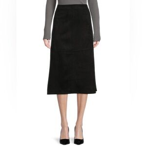 Max Studio Women's Black Faux Suede A-Line Midi Skirt Sz Large Chic Professional